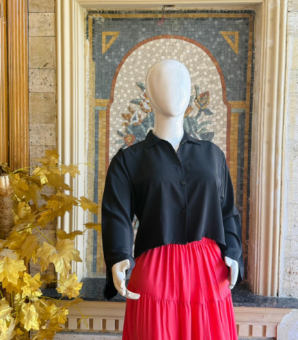 Elegant Black Shirt & Red Flowy Skirt Set