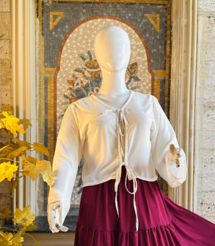 Elegant White Front Dori Shirt & Maroon Flowy Skirt Set