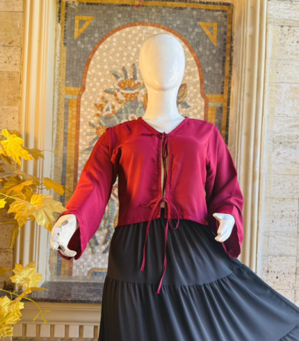 Elegant Maroon Front Dori Shirt & Black Flowy Skirt Set