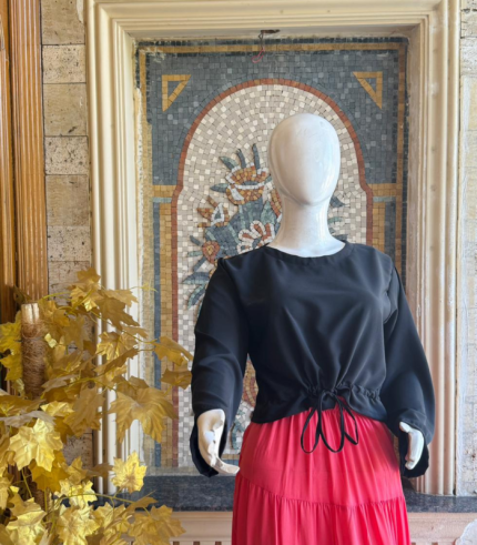 Elegant Black Drawstring Shirt & Red Flowy Skirt Set