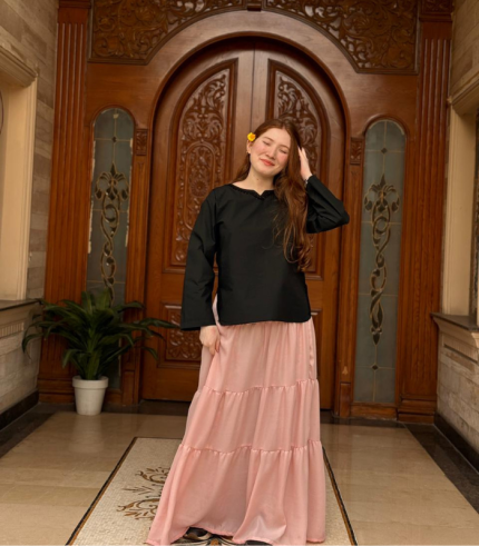 Elegant Black Top & Soft Pink Chic Skirt Set