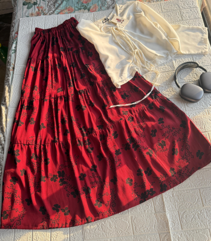 Elegant White Front Dori Shirt & Maroon Floral Skirt Set