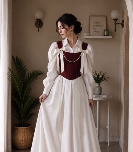Maroon Corset with White Flared Maxi Skirt – 3 Piece Set
