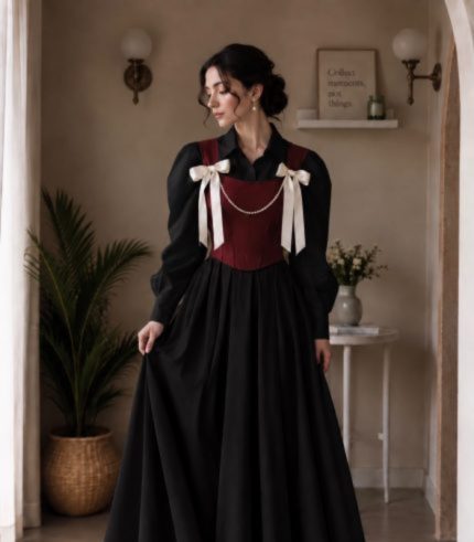 3-Piece Black & Maroon Corset Maxi Dress Set